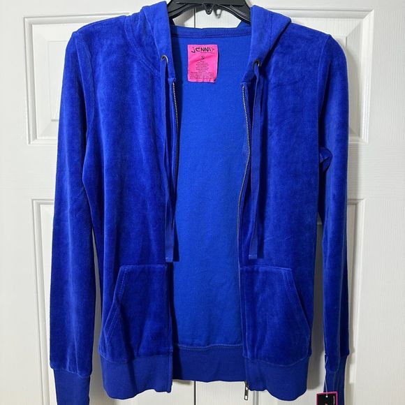 Jenni By Jennifer Moore Royal Blue Solid Velour Hooded Full Zip Sweater Jacket S - Picture 2 of 14